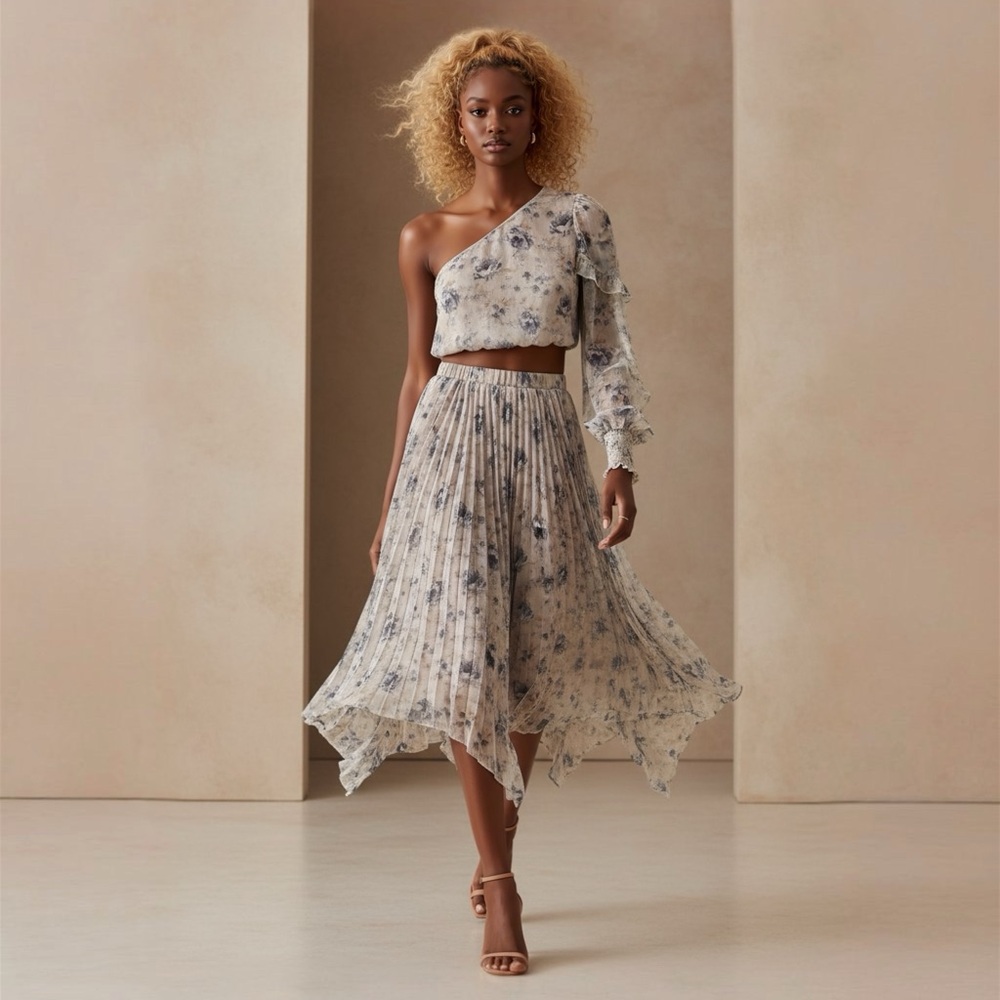 En Saison Asymmetrical Floral 2pc Dress in Cream and Blue